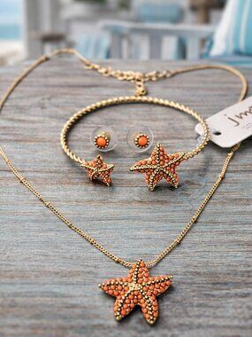 Vintage Set of 3 Starfish Necklace Cuff Stud Earrings Coral Orange